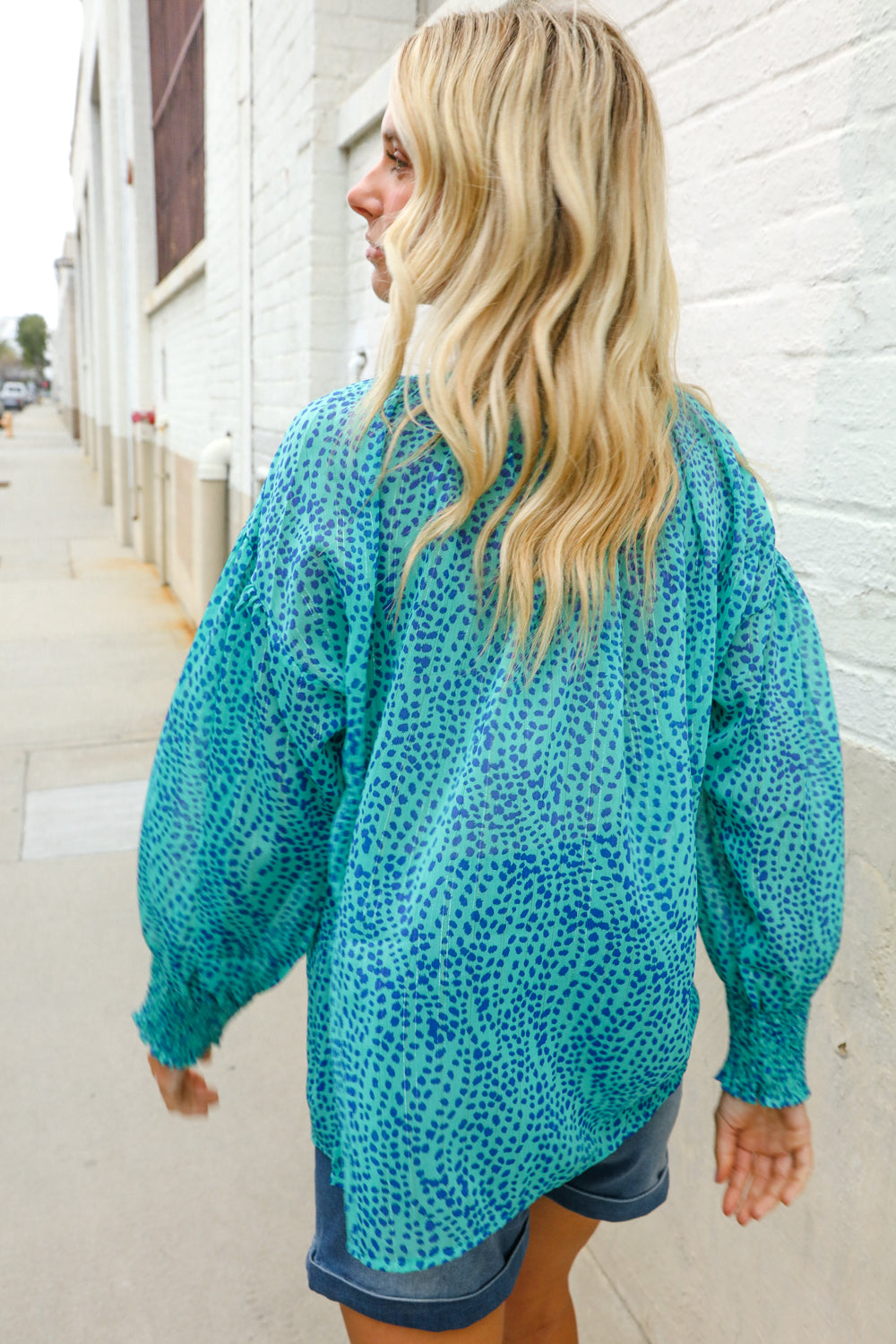 It's Your Day Aqua Semi Sheer Dot Print Back Neck Button Top