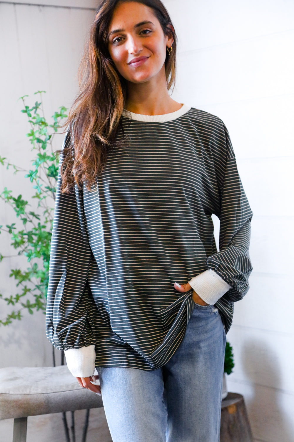Greener Days Stripe Pullover with Ivory Cuffs