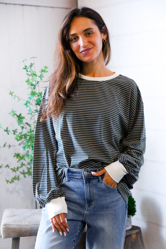 Greener Days Stripe Pullover with Ivory Cuffs