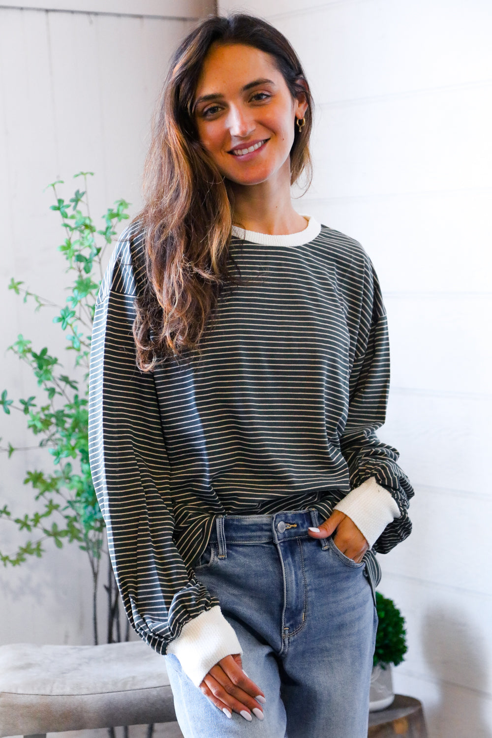 Greener Days Stripe Pullover with Ivory Cuffs