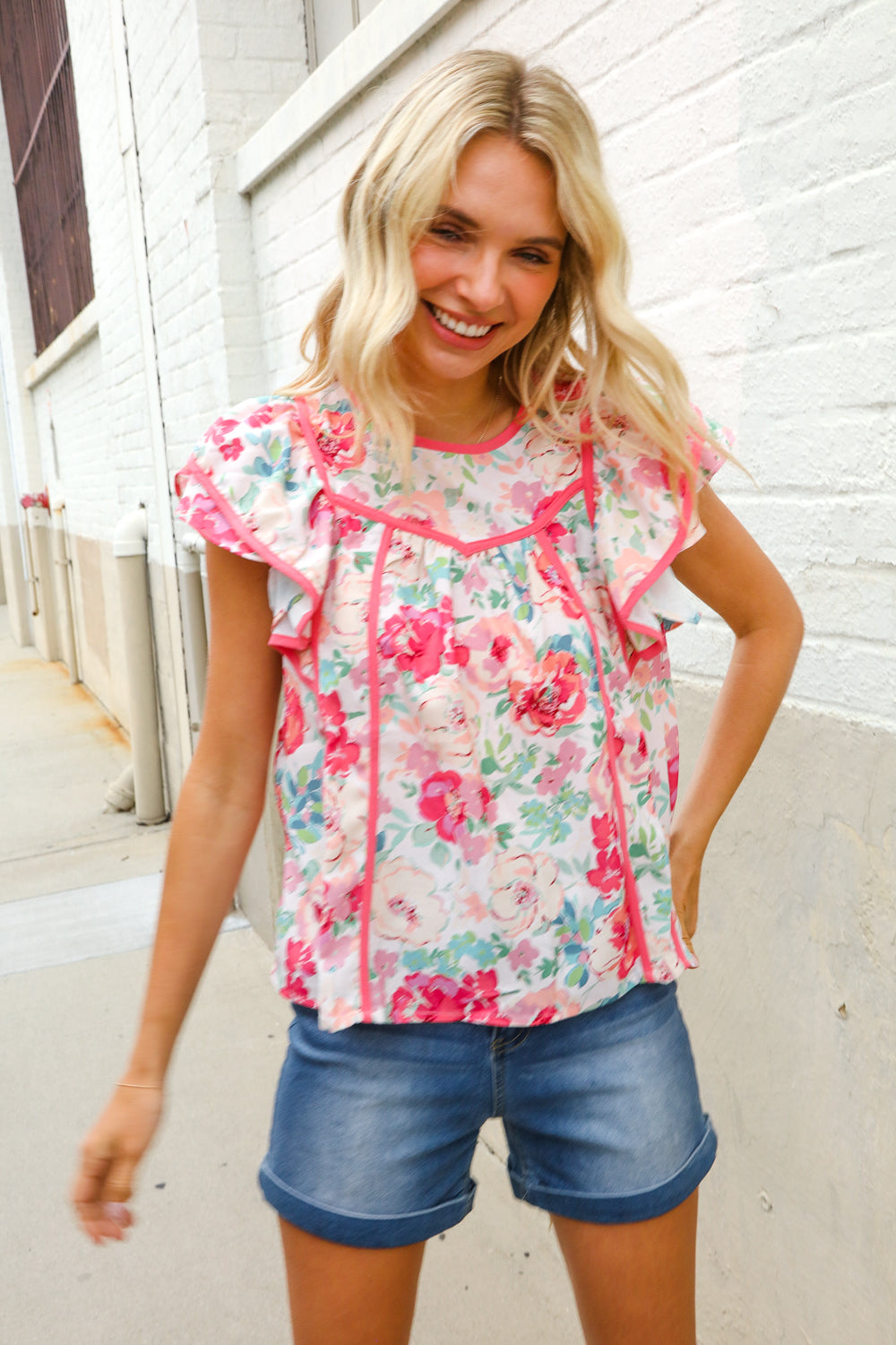 Southern Nights Pink Contrast Binding Floral Flutter Sleeve Top