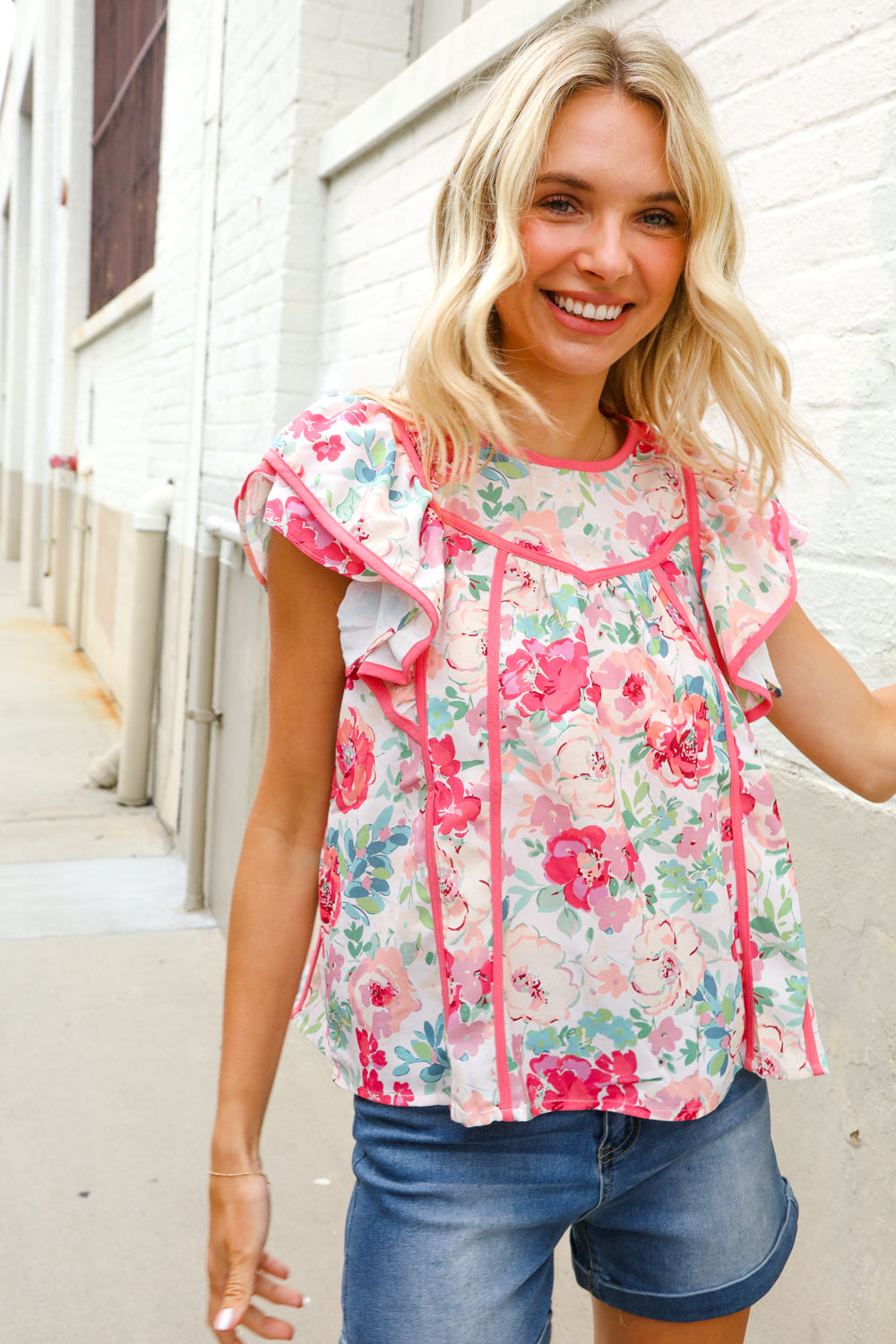 Southern Nights Pink Contrast Binding Floral Flutter Sleeve Top