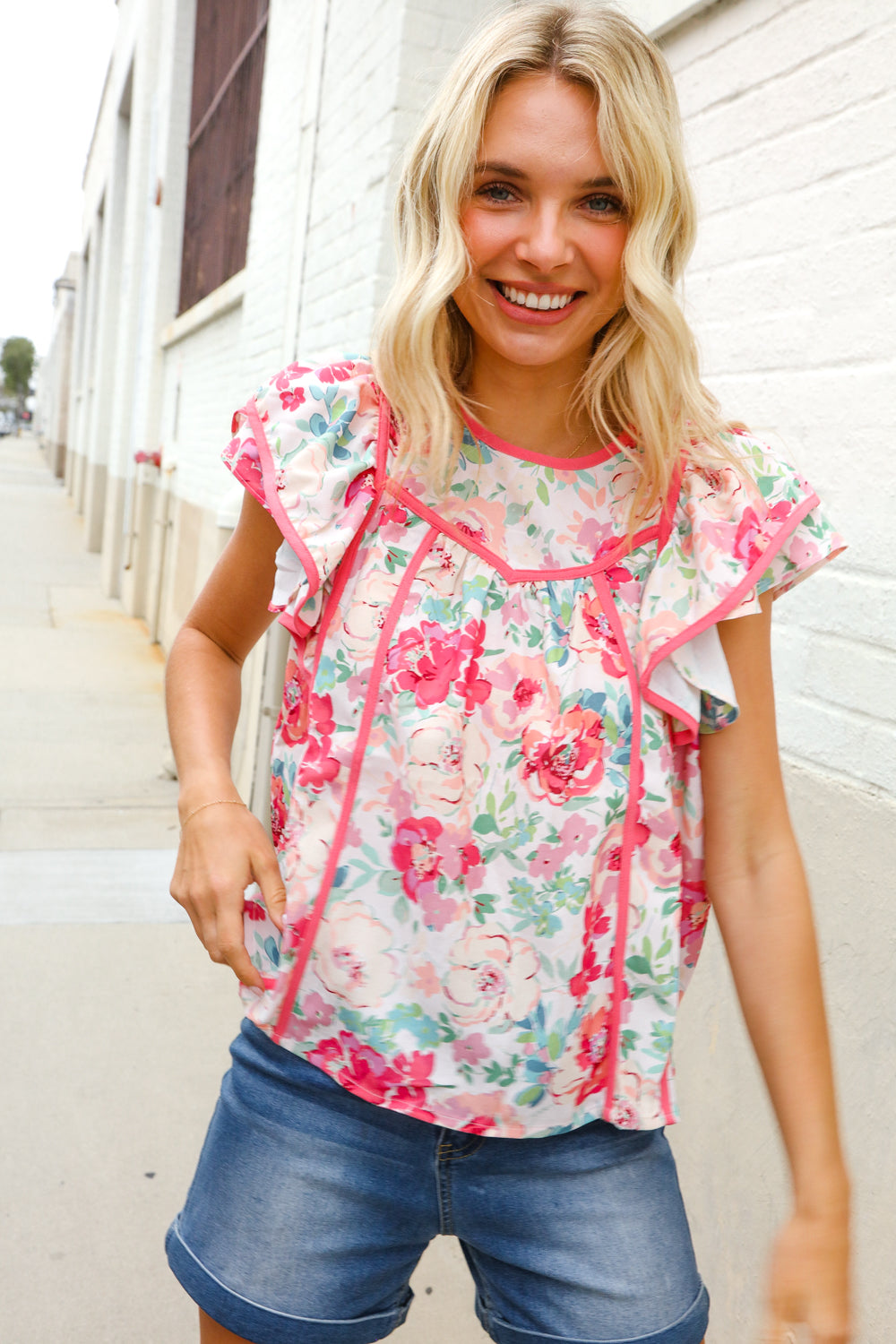 Southern Nights Pink Contrast Binding Floral Flutter Sleeve Top