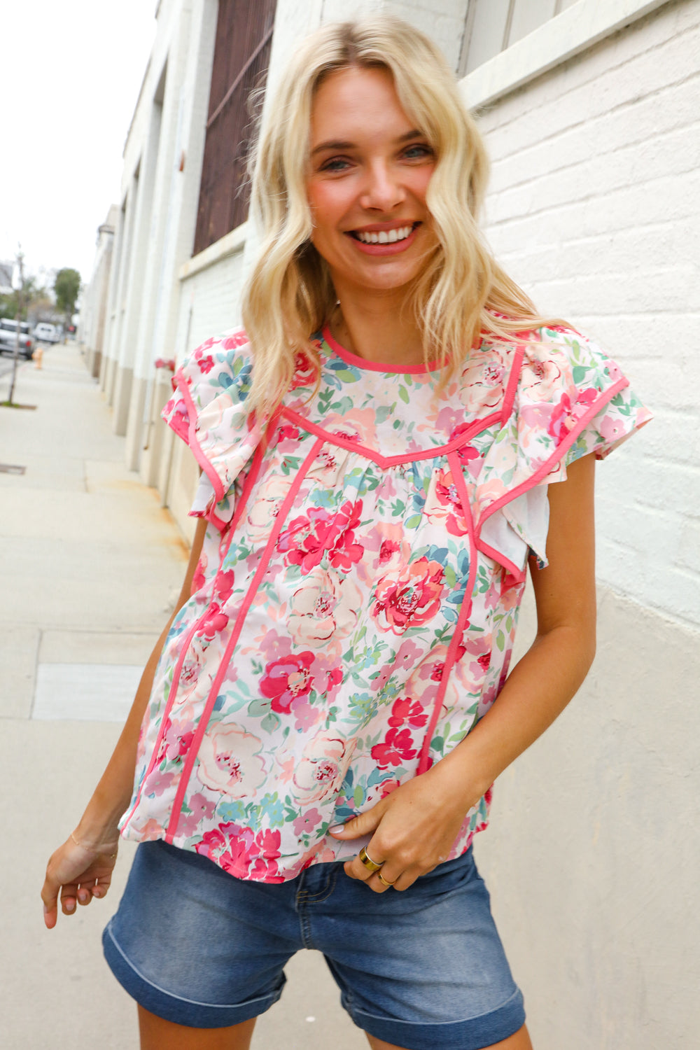 Southern Nights Pink Contrast Binding Floral Flutter Sleeve Top