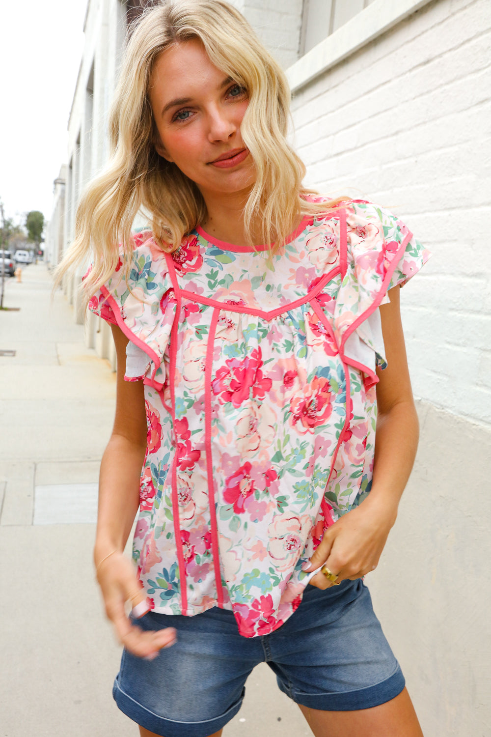 Southern Nights Pink Contrast Binding Floral Flutter Sleeve Top
