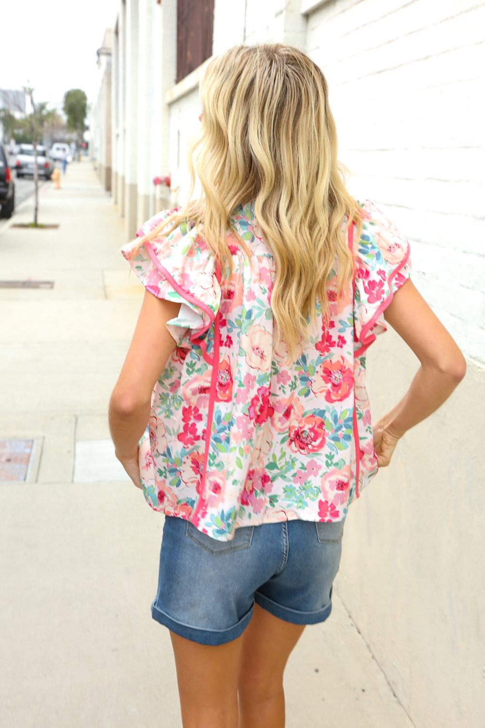 Southern Nights Pink Contrast Binding Floral Flutter Sleeve Top