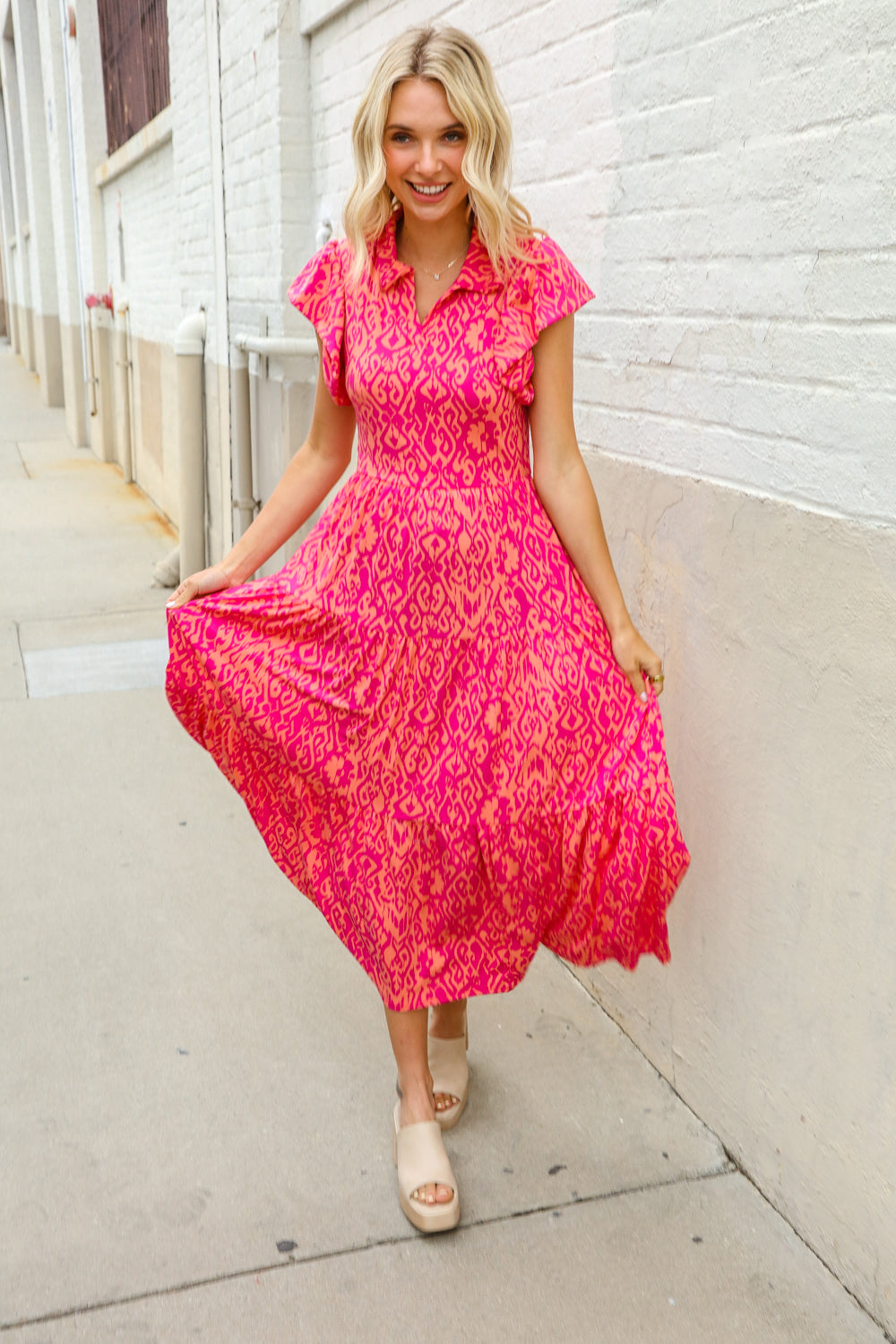 Find Love Fuchsia & Coral Boho Print Flutter Sleeve Dress