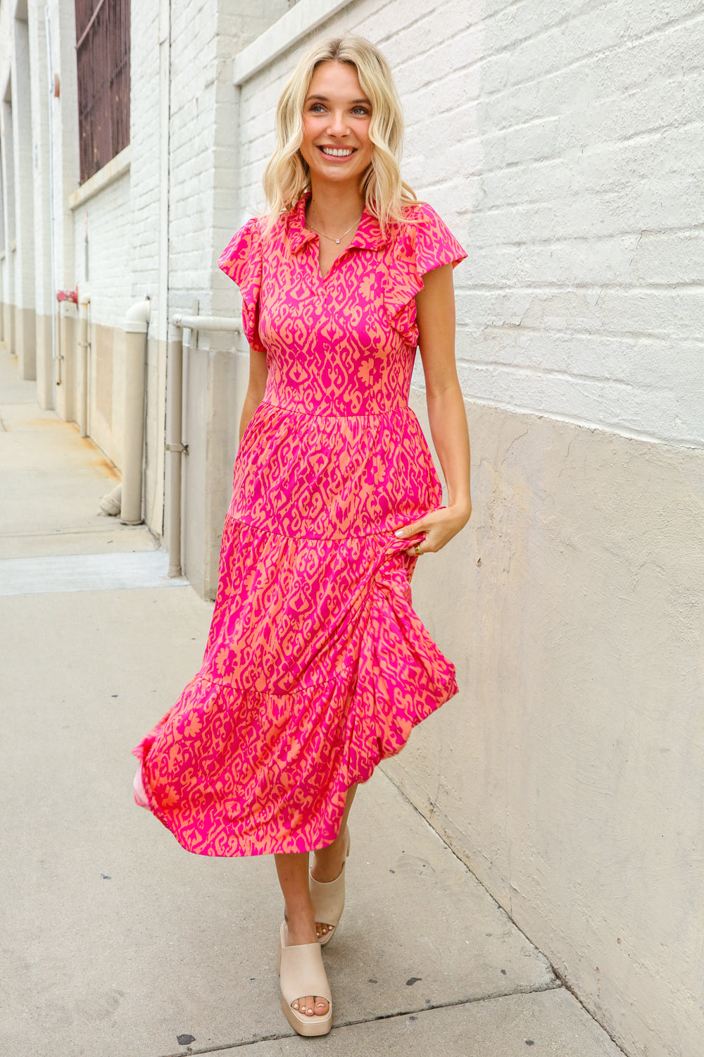 Find Love Fuchsia & Coral Boho Print Flutter Sleeve Dress