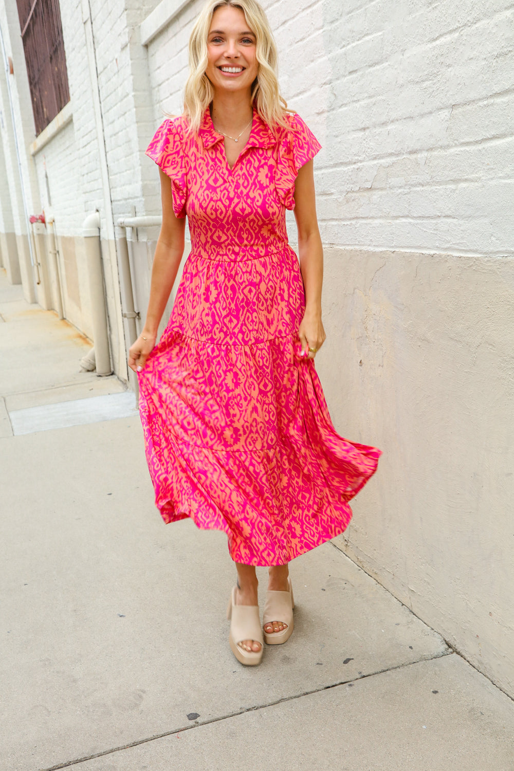 Find Love Fuchsia & Coral Boho Print Flutter Sleeve Dress