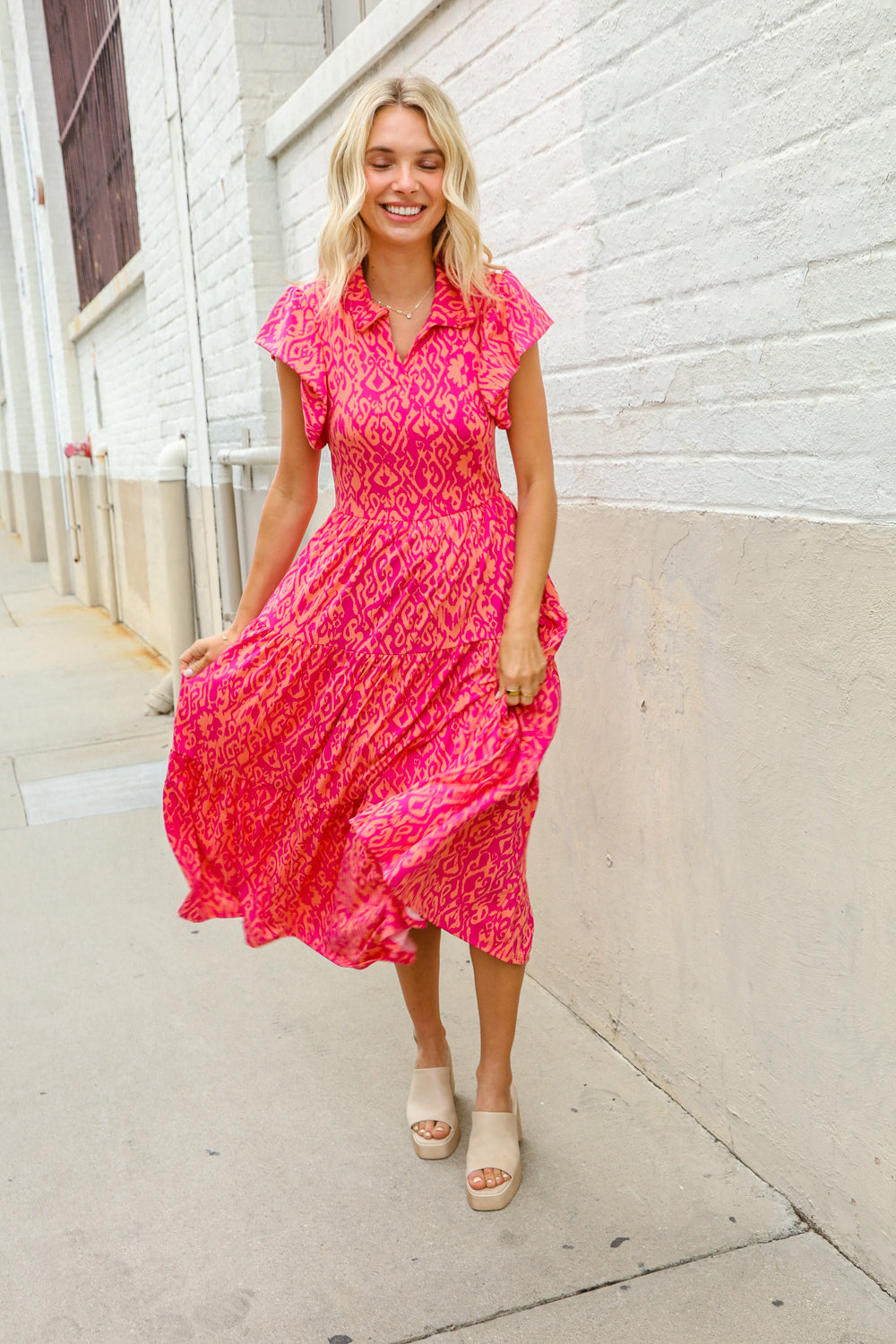 Find Love Fuchsia & Coral Boho Print Flutter Sleeve Dress