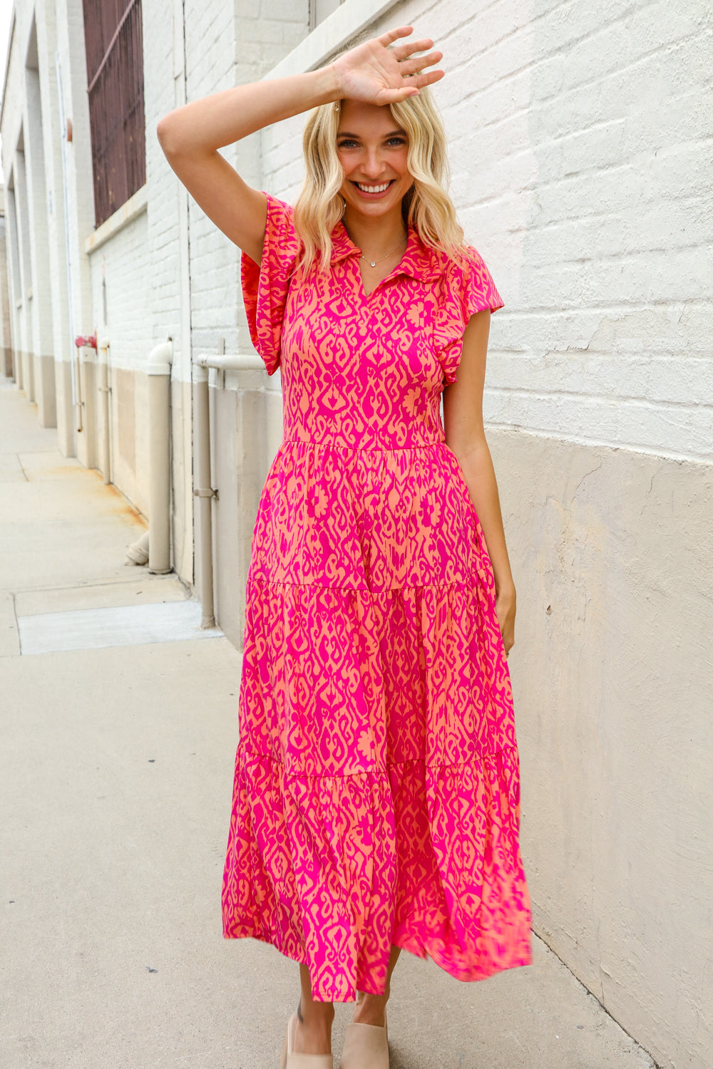 Find Love Fuchsia & Coral Boho Print Flutter Sleeve Dress