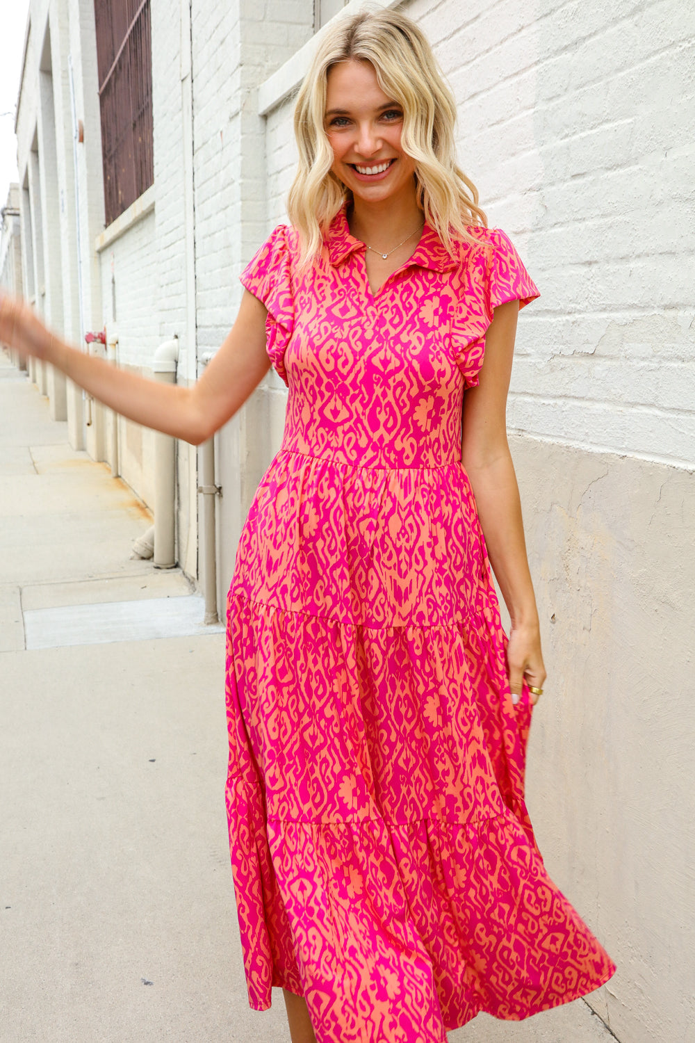 Find Love Fuchsia & Coral Boho Print Flutter Sleeve Dress