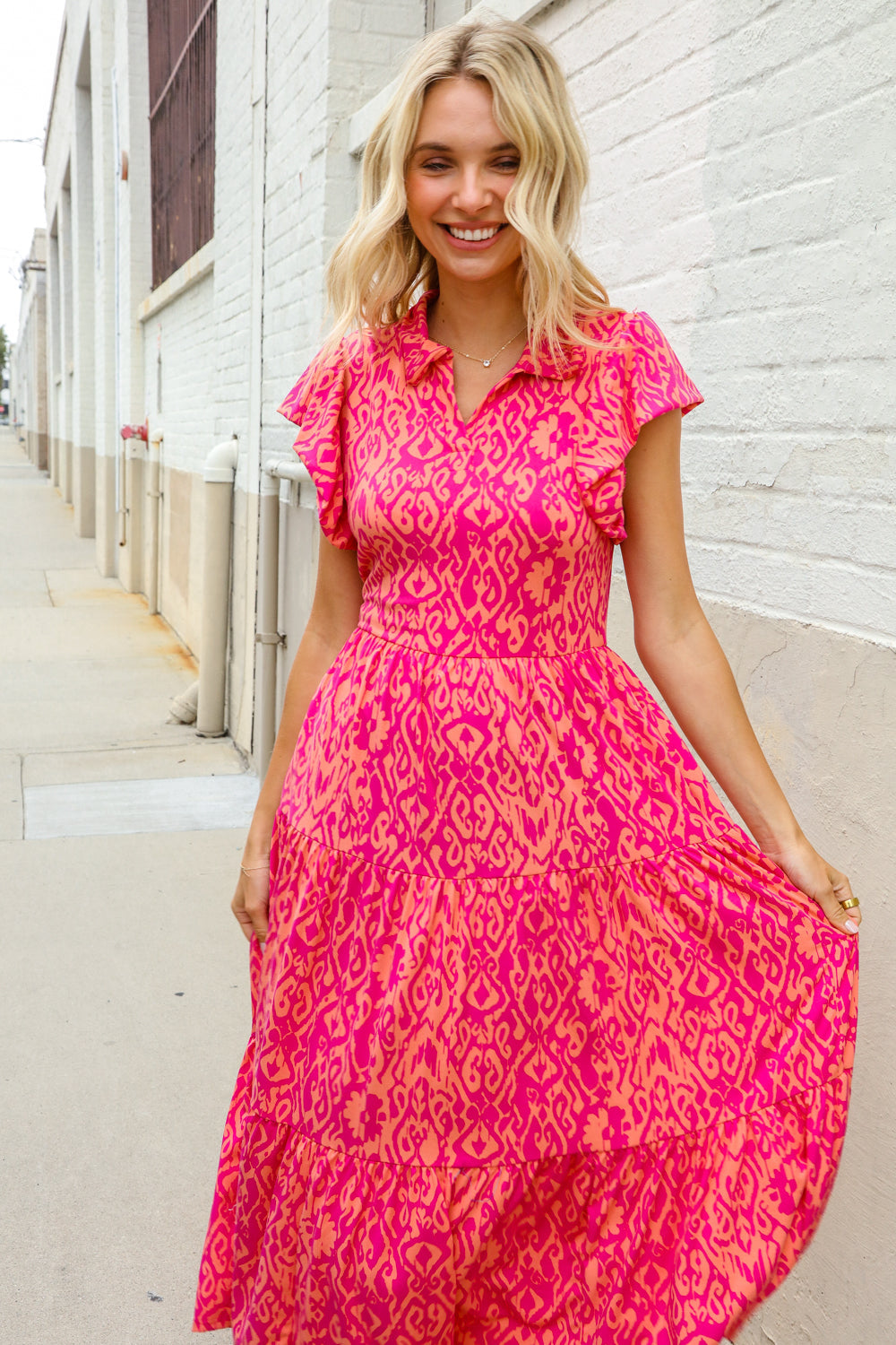 Find Love Fuchsia & Coral Boho Print Flutter Sleeve Dress
