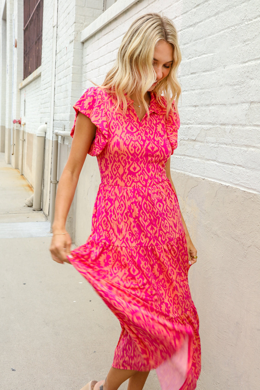 Find Love Fuchsia & Coral Boho Print Flutter Sleeve Dress