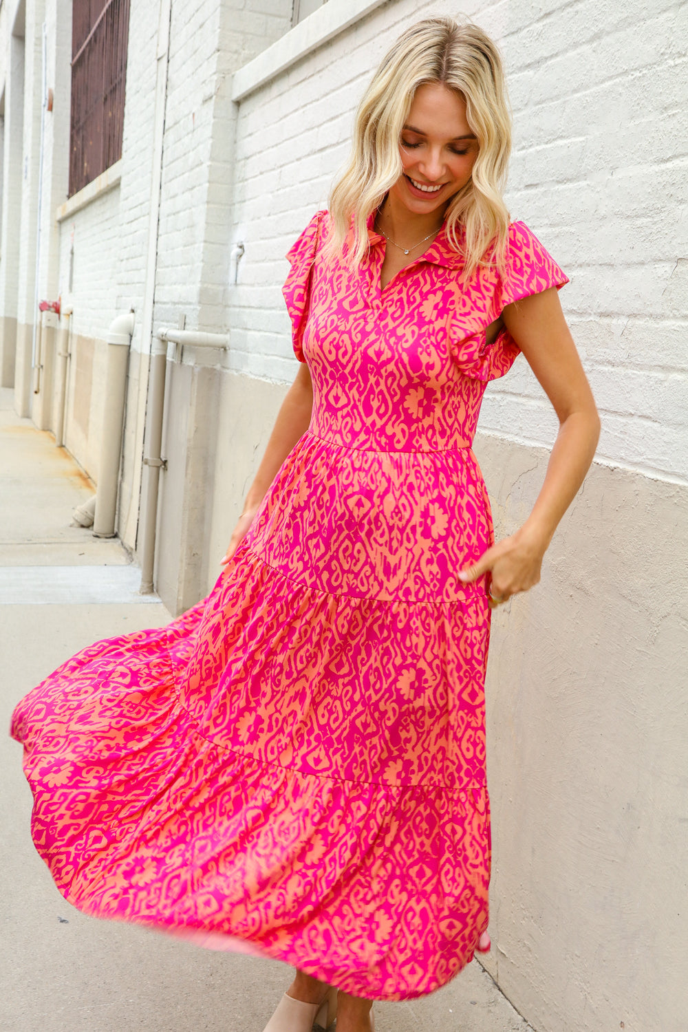 Find Love Fuchsia & Coral Boho Print Flutter Sleeve Dress