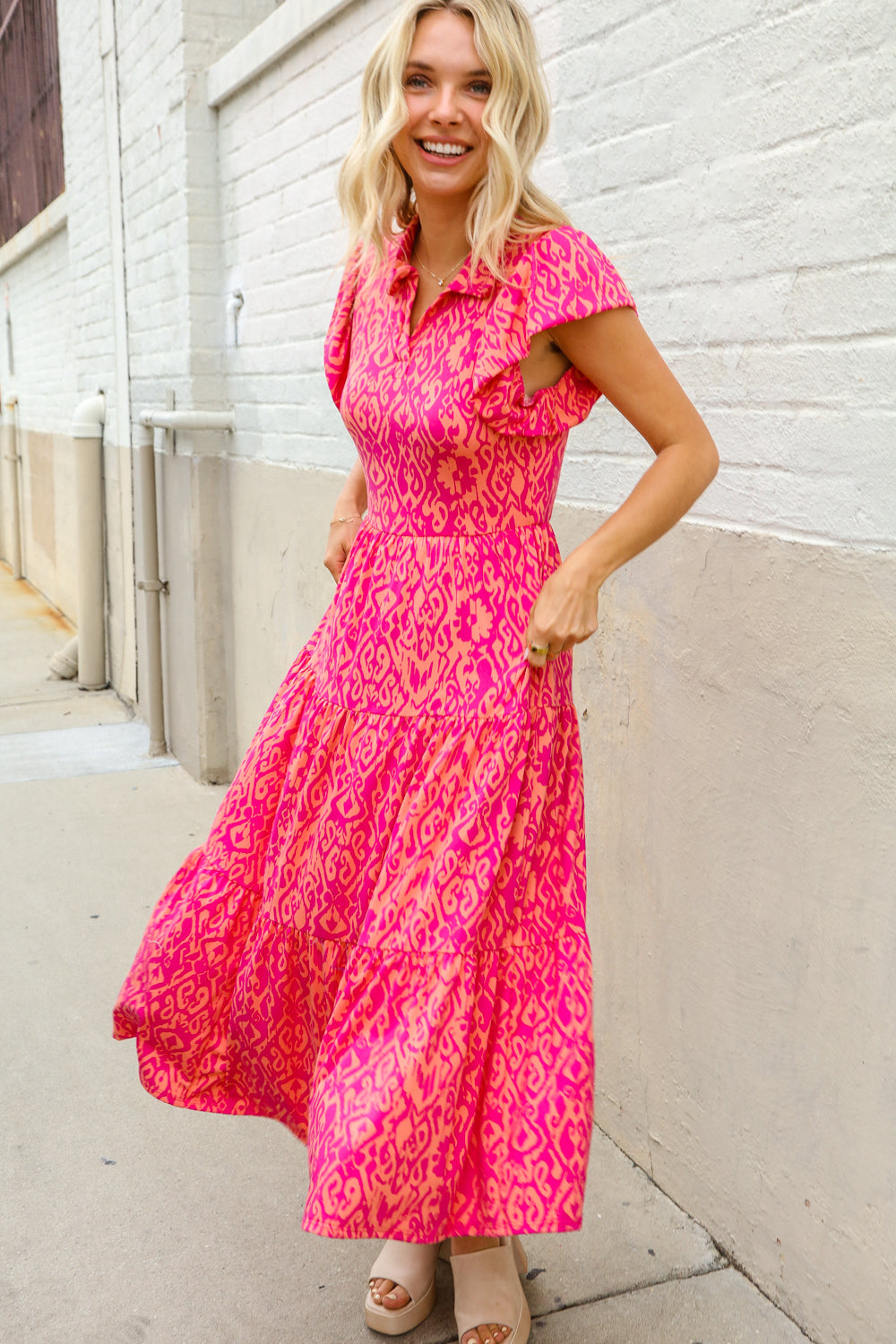 Find Love Fuchsia & Coral Boho Print Flutter Sleeve Dress