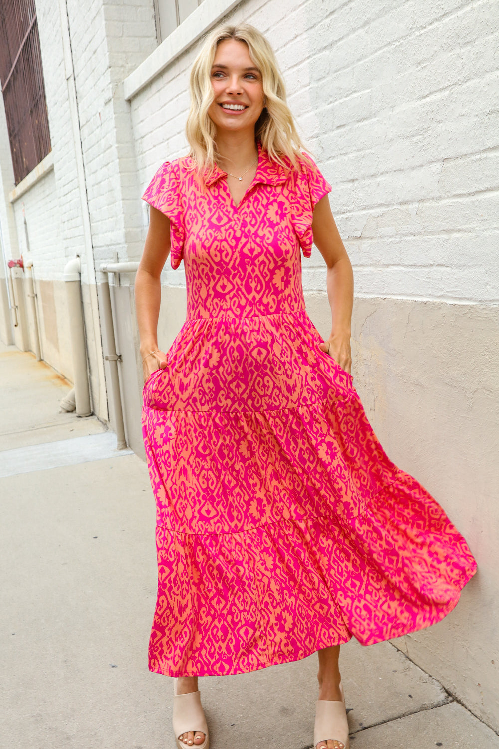 Find Love Fuchsia & Coral Boho Print Flutter Sleeve Dress