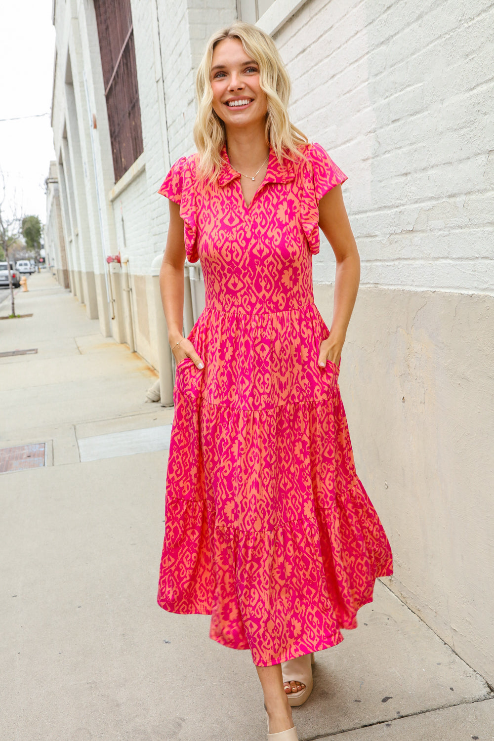 Find Love Fuchsia & Coral Boho Print Flutter Sleeve Dress