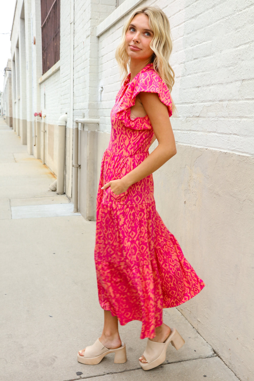 Find Love Fuchsia & Coral Boho Print Flutter Sleeve Dress