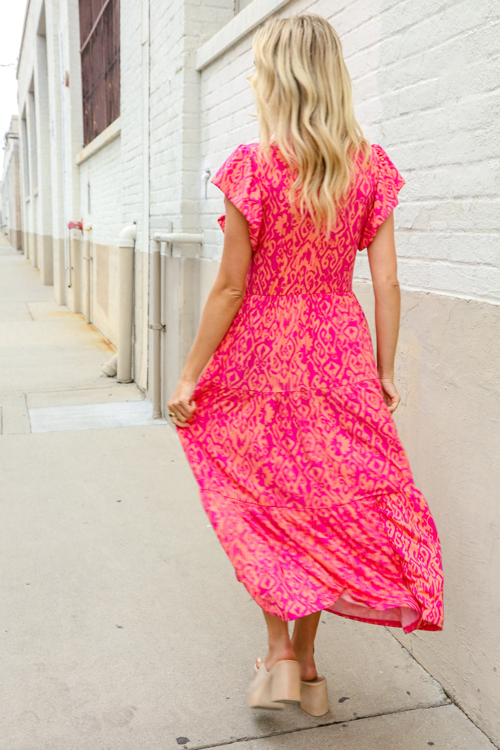 Find Love Fuchsia & Coral Boho Print Flutter Sleeve Dress