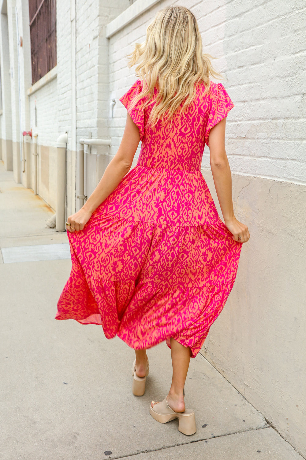 Find Love Fuchsia & Coral Boho Print Flutter Sleeve Dress