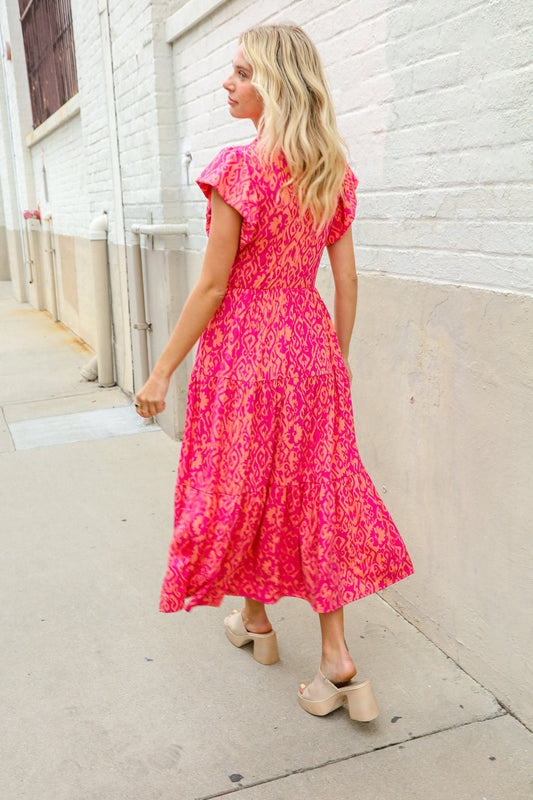 Find Love Fuchsia & Coral Boho Print Flutter Sleeve Dress