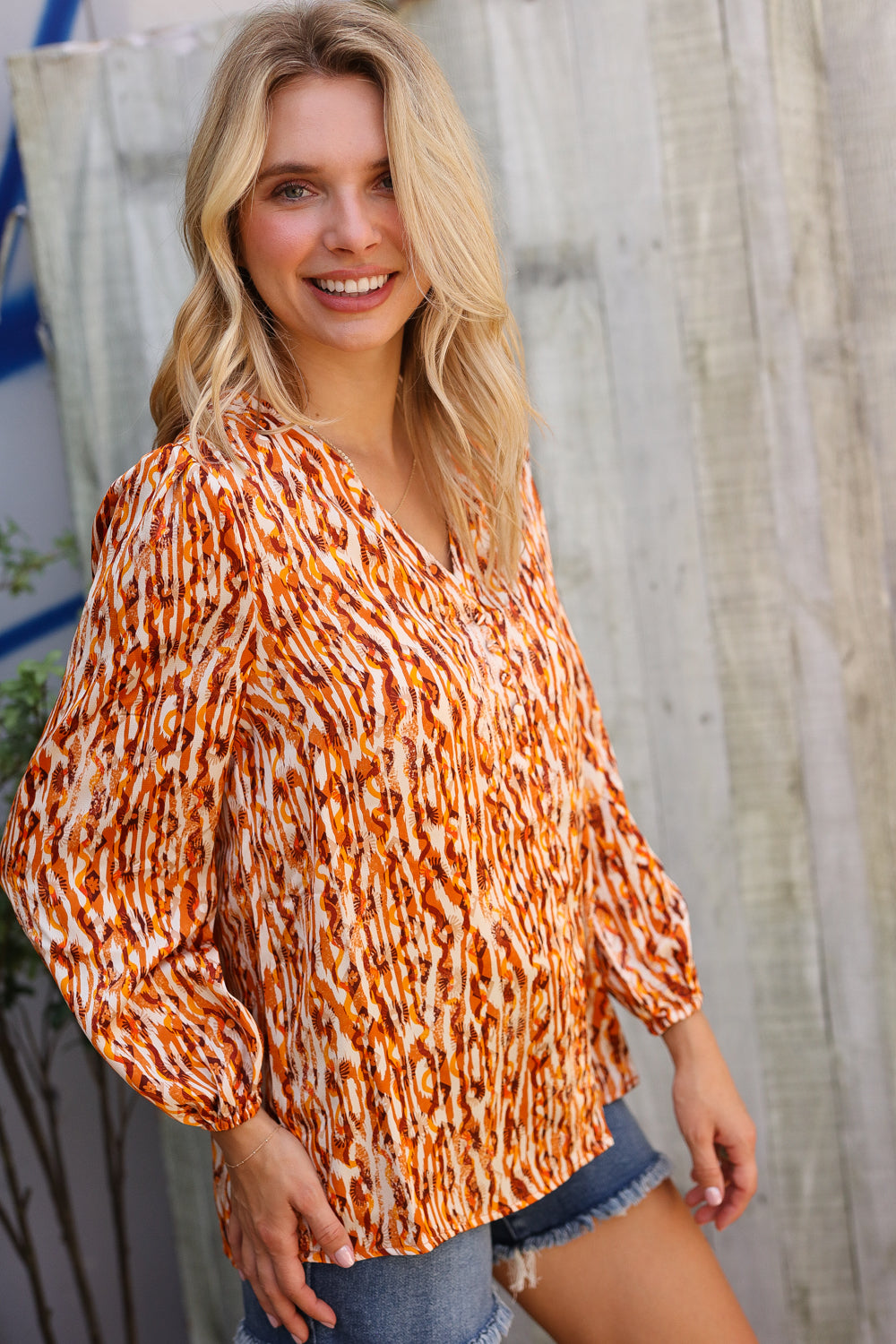 Perfectly You Rust Satin Button-Down V Neck Elastic Sleeve Blouse