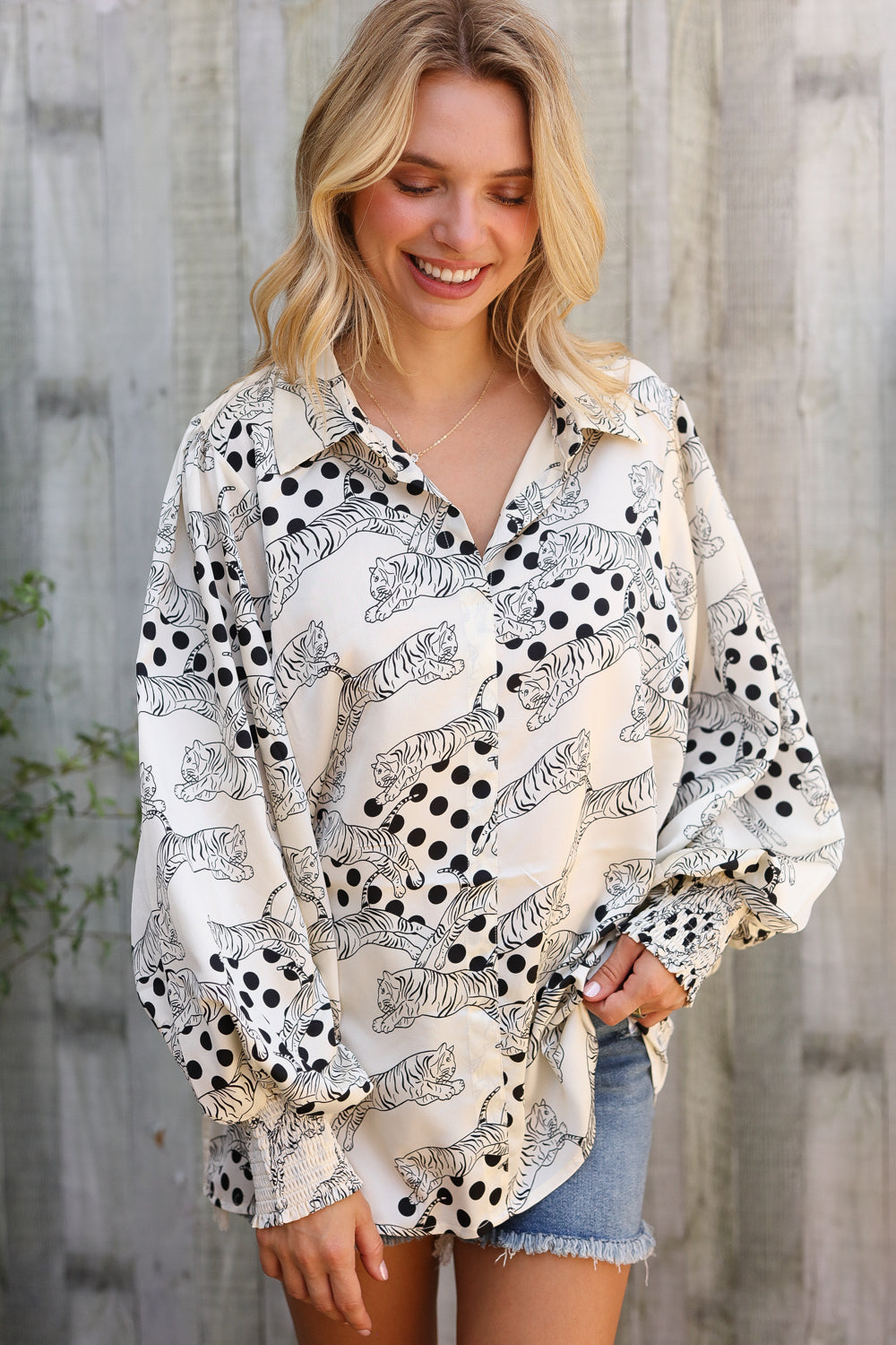 Dazzle in Ivory Satin Button-Down Collared Long Sleeve Bouse