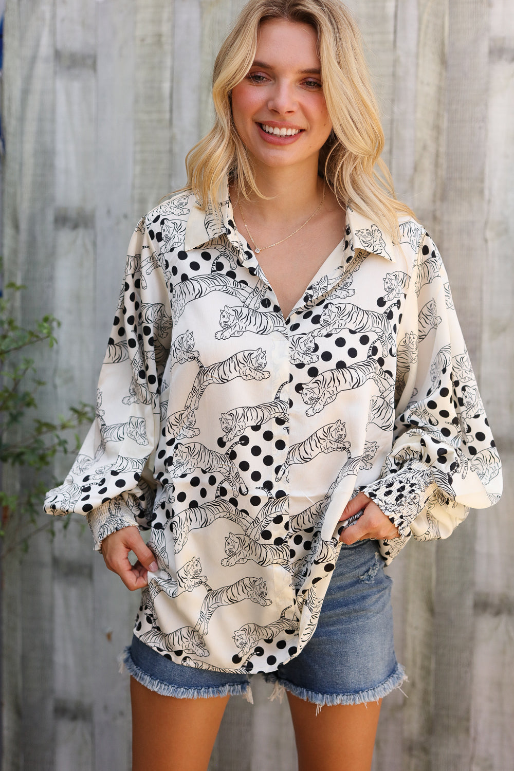 Dazzle in Ivory Satin Button-Down Collared Long Sleeve Bouse