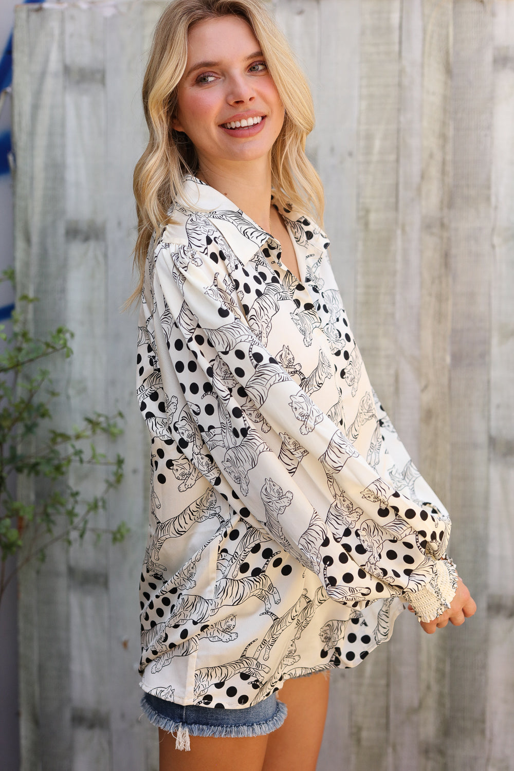 Dazzle in Ivory Satin Button-Down Collared Long Sleeve Bouse