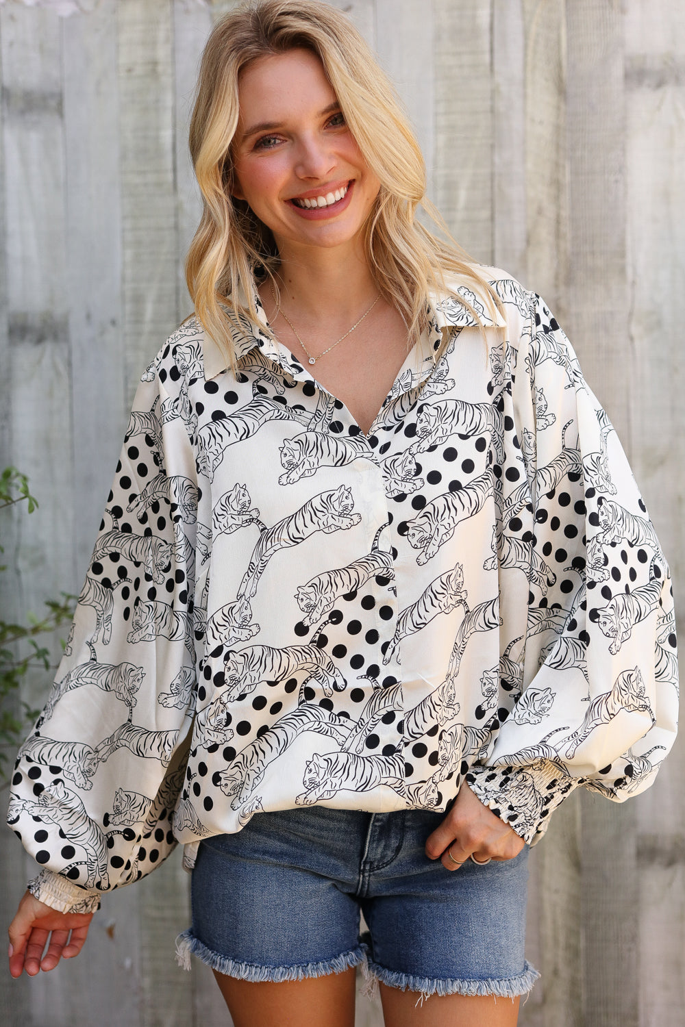 Dazzle in Ivory Satin Button-Down Collared Long Sleeve Bouse