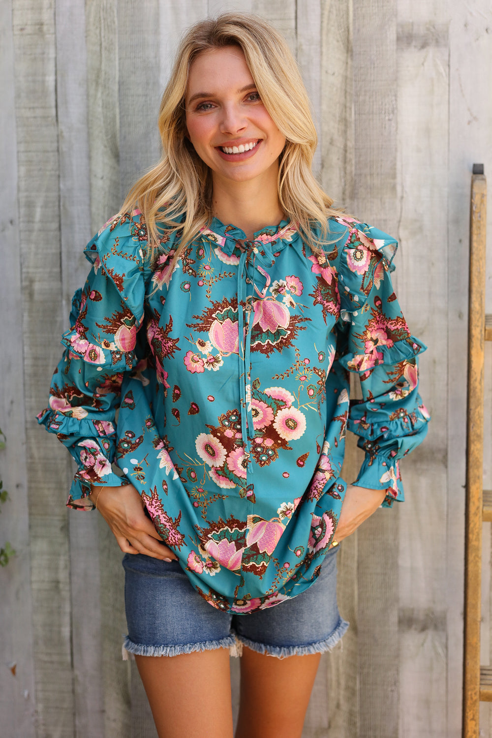 Find Love Aqua Satin Frill Neck Front Tie Ruffle Long Sleeve Blouse