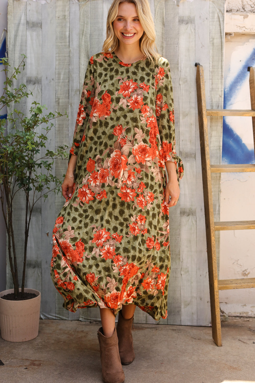 Follow Me Round Neck Animal Floral Print Tie Bow Sleeve Midi Dress