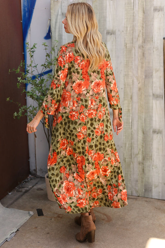 Follow Me Round Neck Animal Floral Print Tie Bow Sleeve Midi Dress