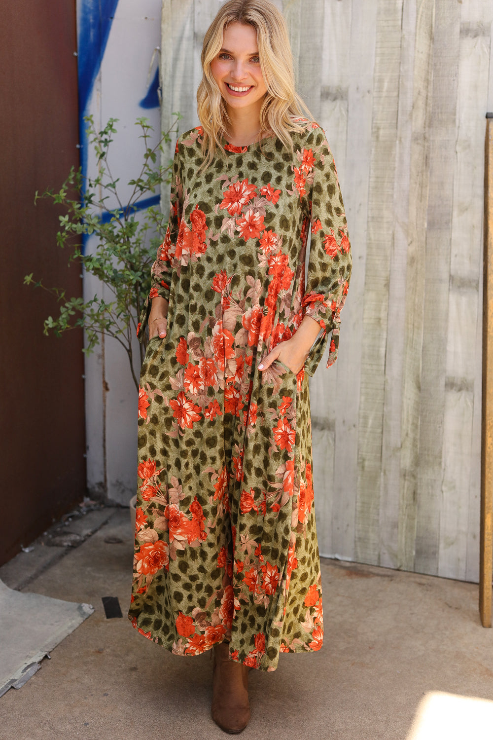 Follow Me Round Neck Animal Floral Print Tie Bow Sleeve Midi Dress