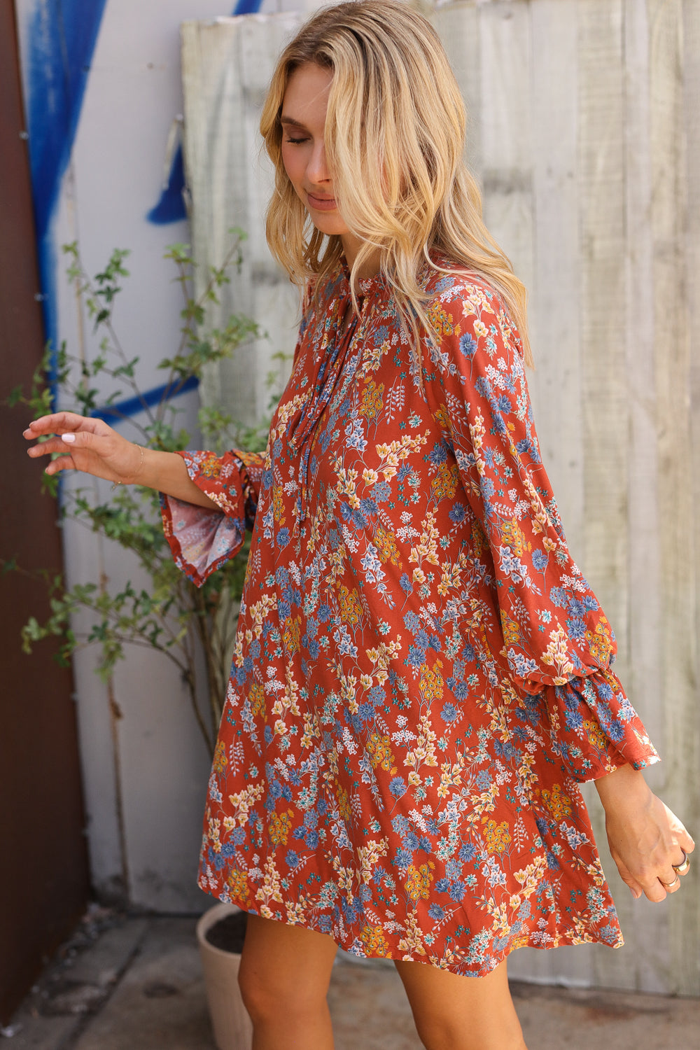 Summer Vibes Cinnamin Floral Ruffle Sleeve Ribbon Tie Swing Dress