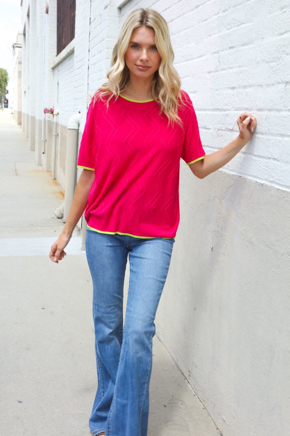 Classy Chic Rose & Lime Pointelle Knit Short Sleeve Sweater Top