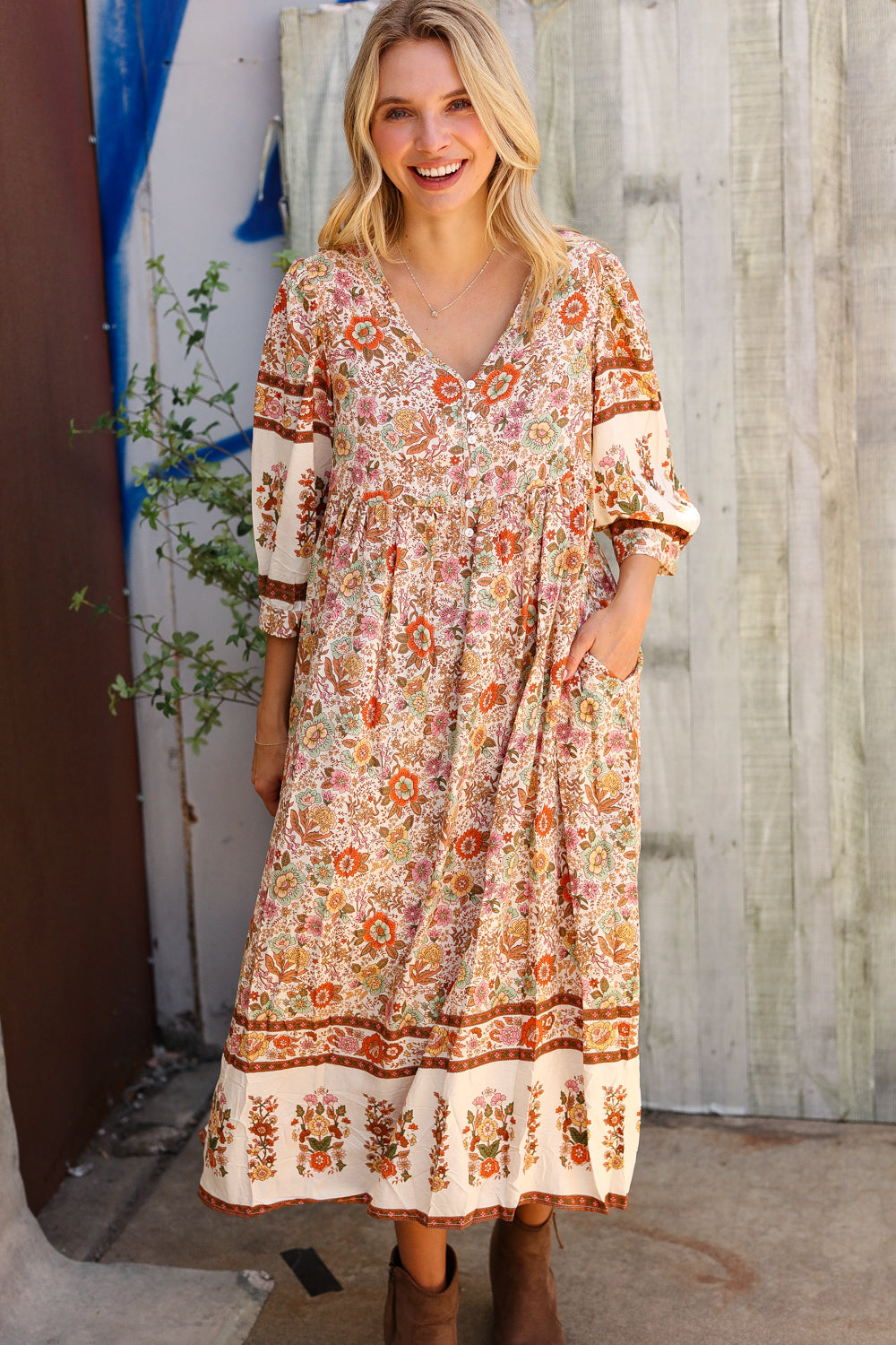 Love Found In Boho Front Button Banded Sleeve Midi Dress