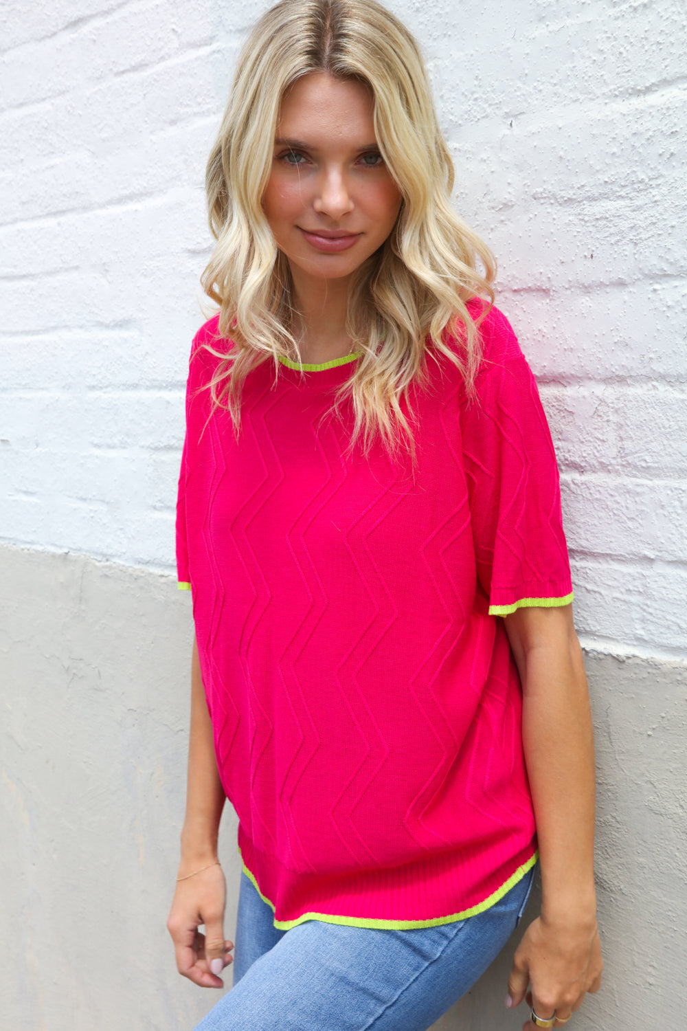 Classy Chic Rose & Lime Pointelle Knit Short Sleeve Sweater Top