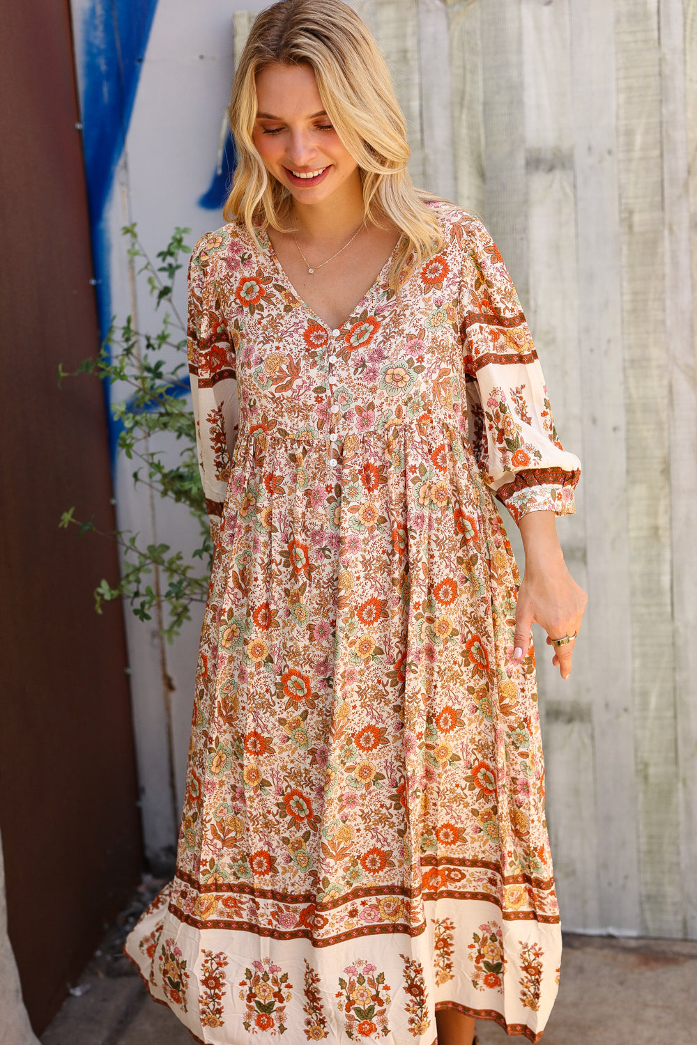 Love Found In Boho Front Button Banded Sleeve Midi Dress