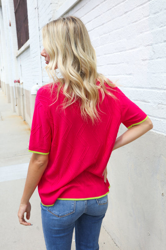 Classy Chic Rose & Lime Pointelle Knit Short Sleeve Sweater Top