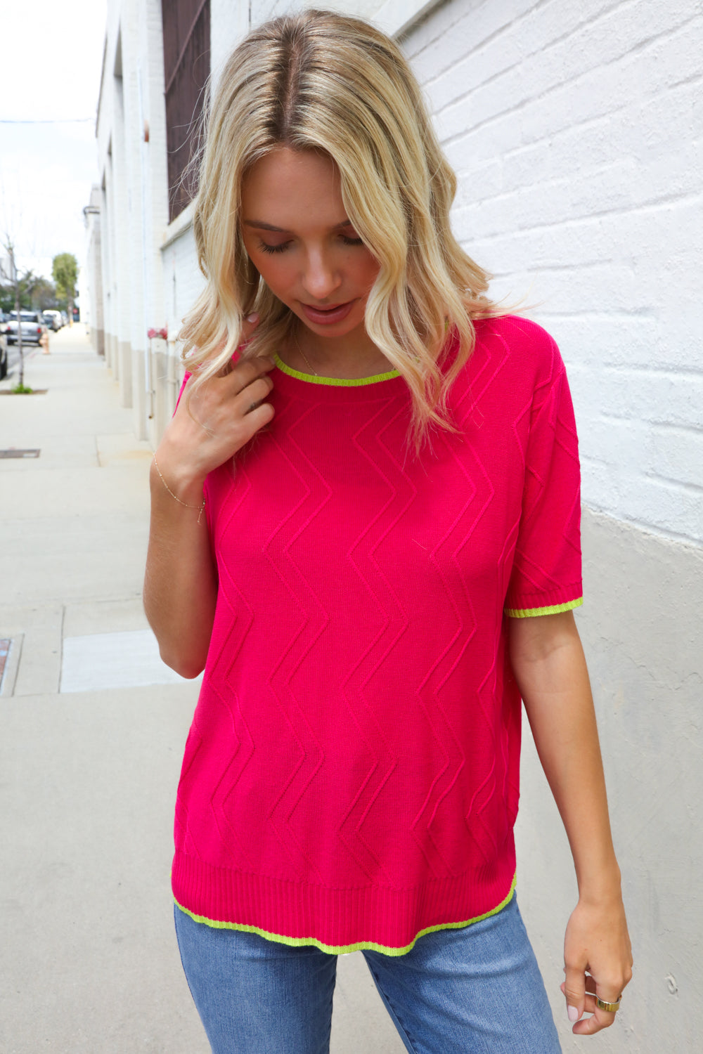 Classy Chic Rose & Lime Pointelle Knit Short Sleeve Sweater Top