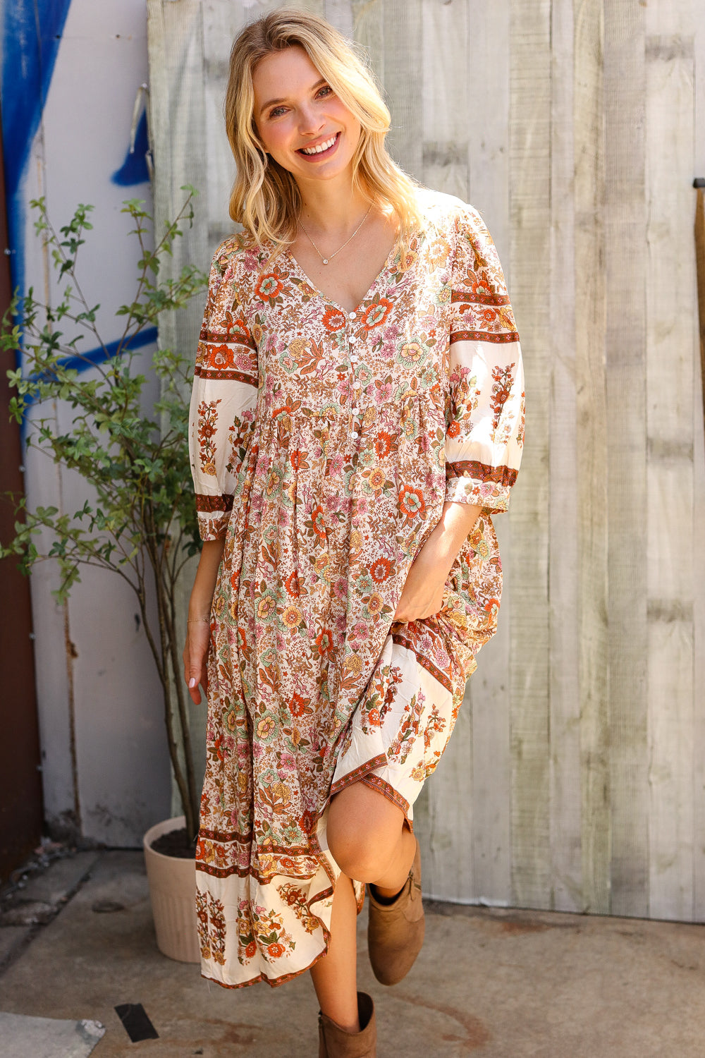 Love Found In Boho Front Button Banded Sleeve Midi Dress