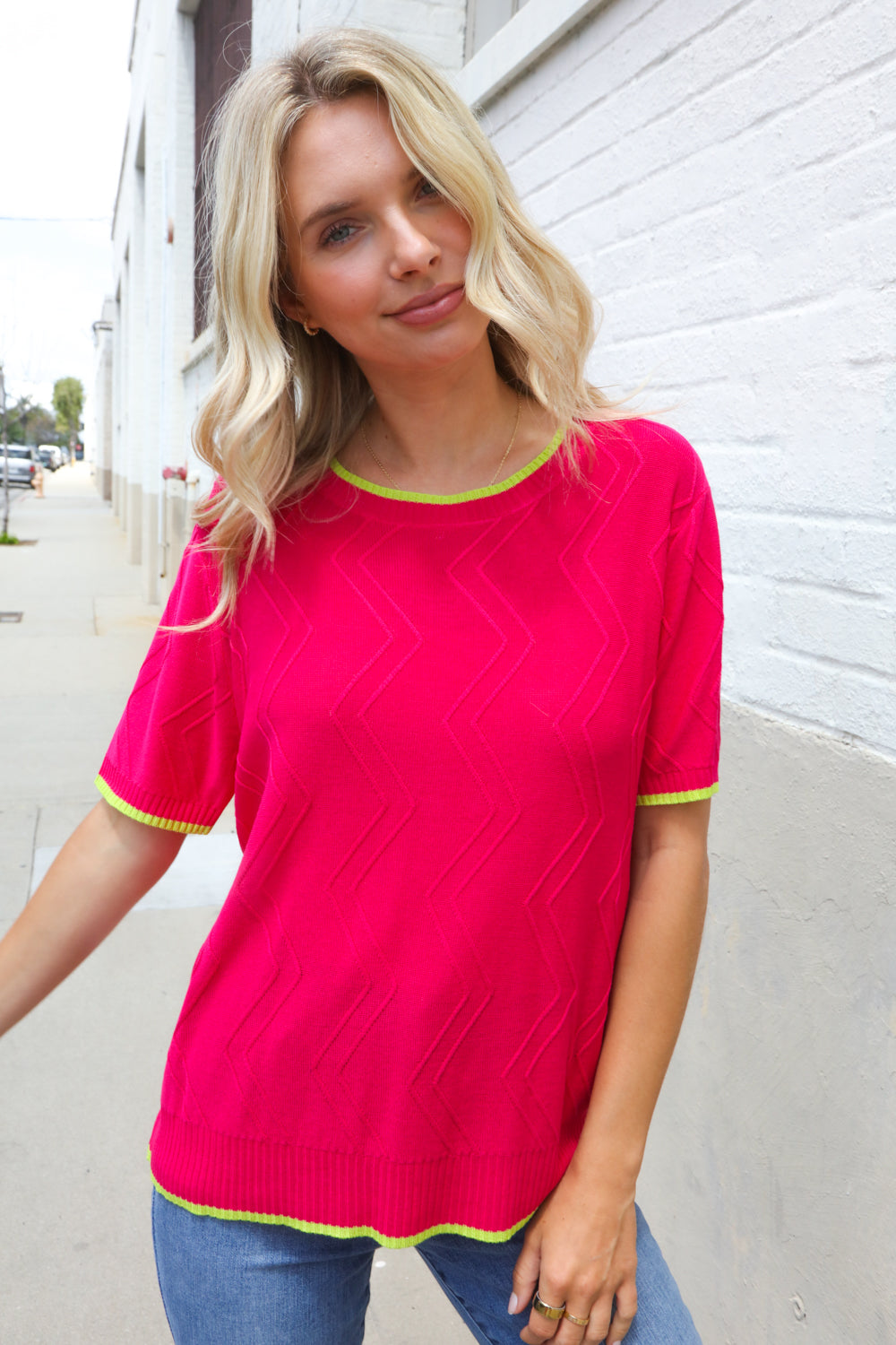 Classy Chic Rose & Lime Pointelle Knit Short Sleeve Sweater Top