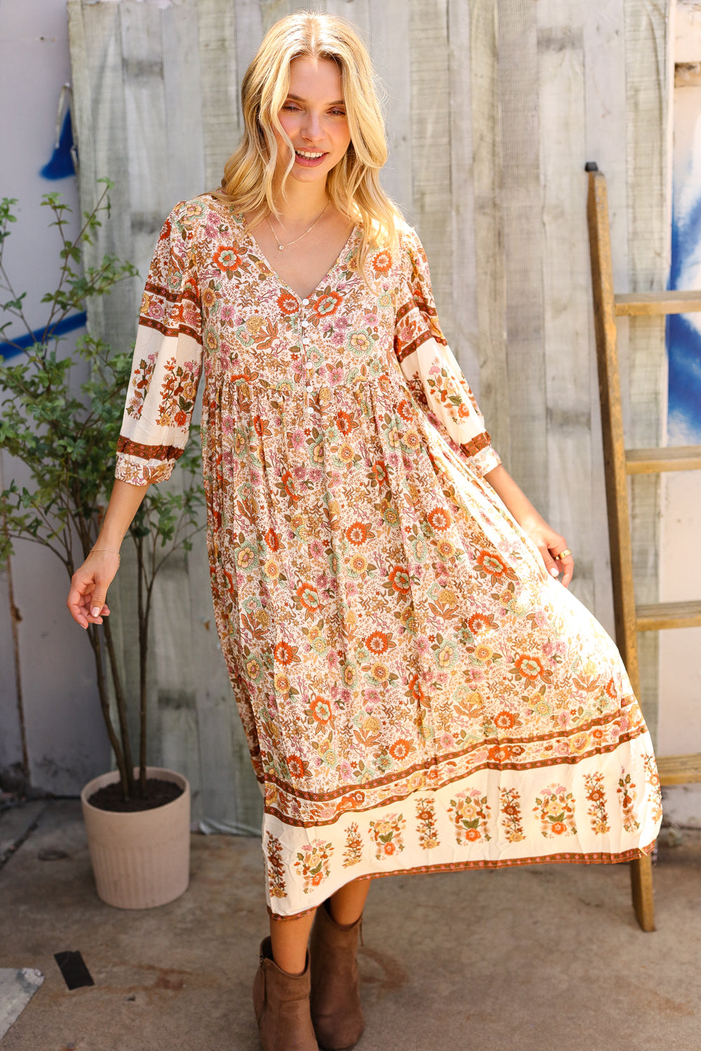 Love Found In Boho Front Button Banded Sleeve Midi Dress