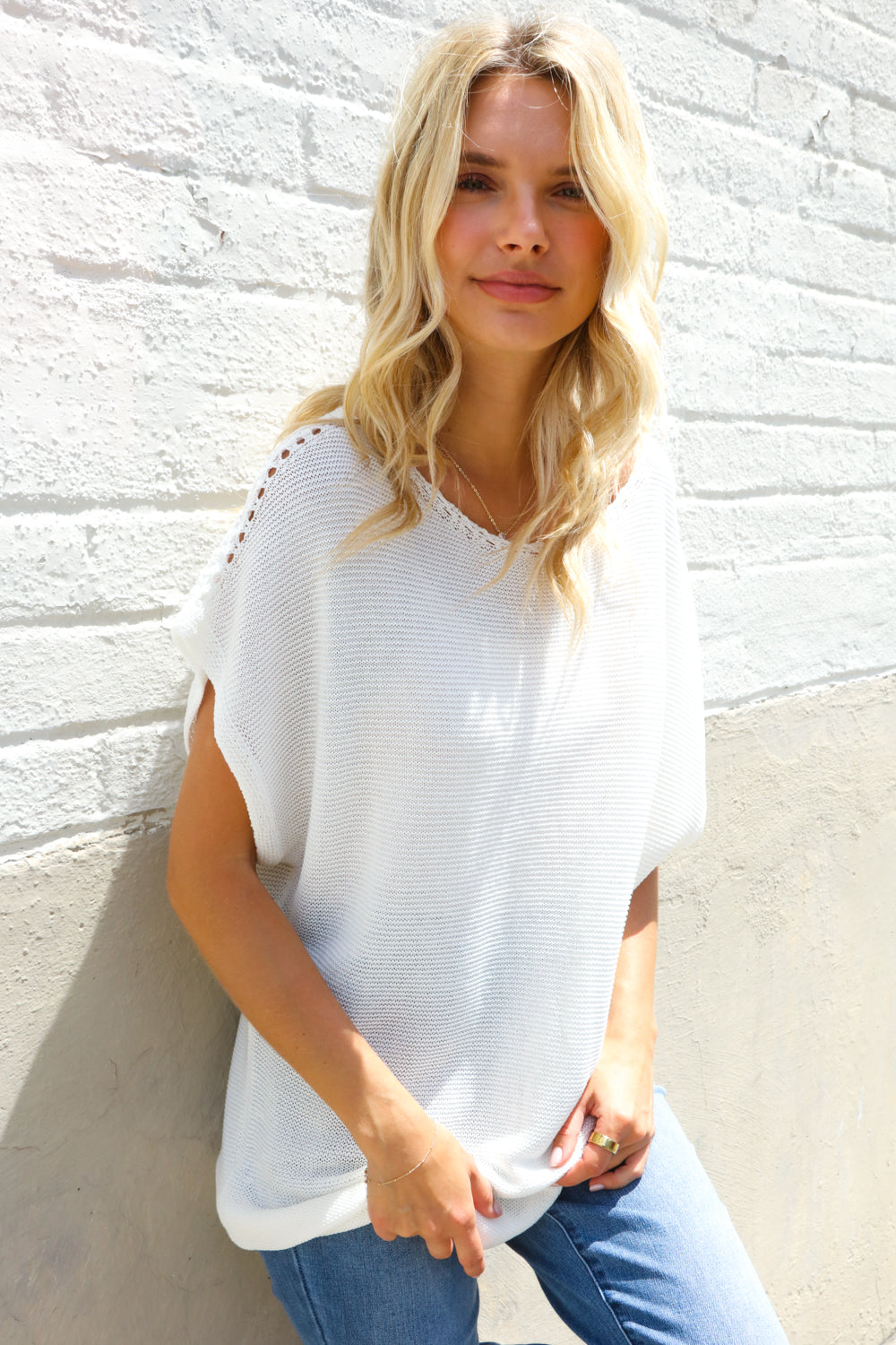 Stand Out White Loose Knit Dolman Top/Coverup with Crochet Details