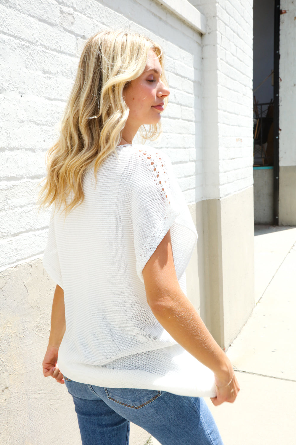 Stand Out White Loose Knit Dolman Top/Coverup with Crochet Details