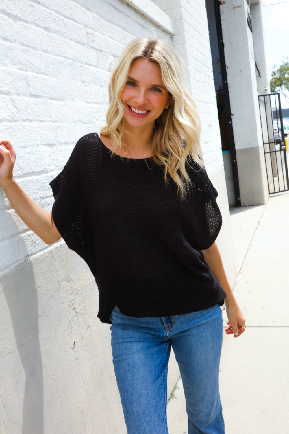 Stand Out Black Loose Knit Dolman Top/Coverup with Crochet Details