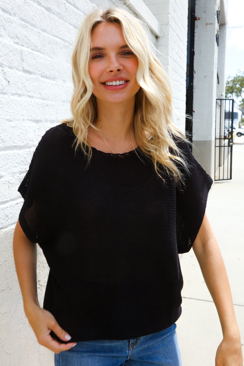 Stand Out Black Loose Knit Dolman Top/Coverup with Crochet Details