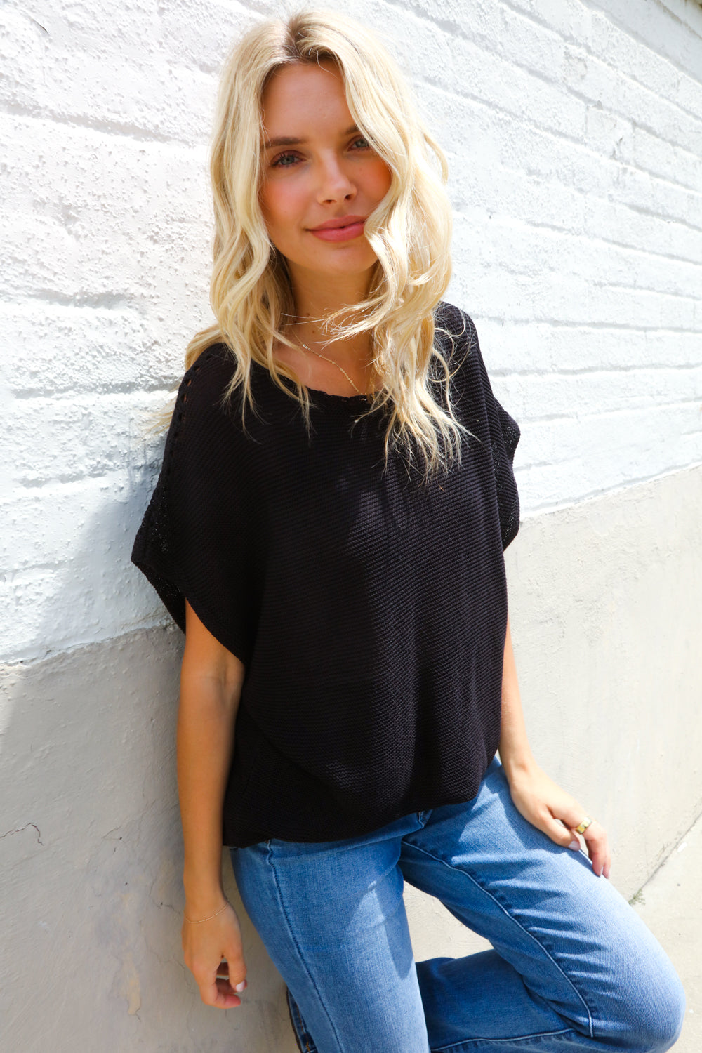 Stand Out Black Loose Knit Dolman Top/Coverup with Crochet Details
